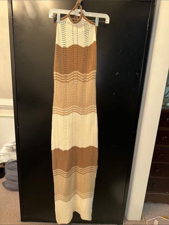 Amazon Dresses & Skirts - Embroidery Maxi Dress Tan and Cream Knit Halter Beautiful for the Beach 🏖️ XS